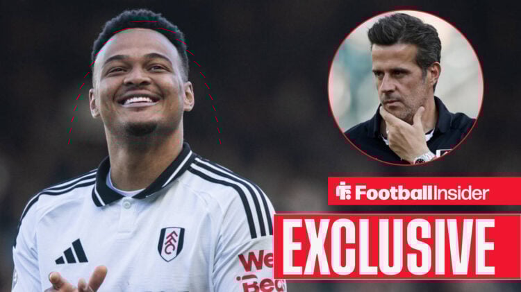 Rodrigo Muniz smiling in a Fulham kit, Marco Silva in a circular inset