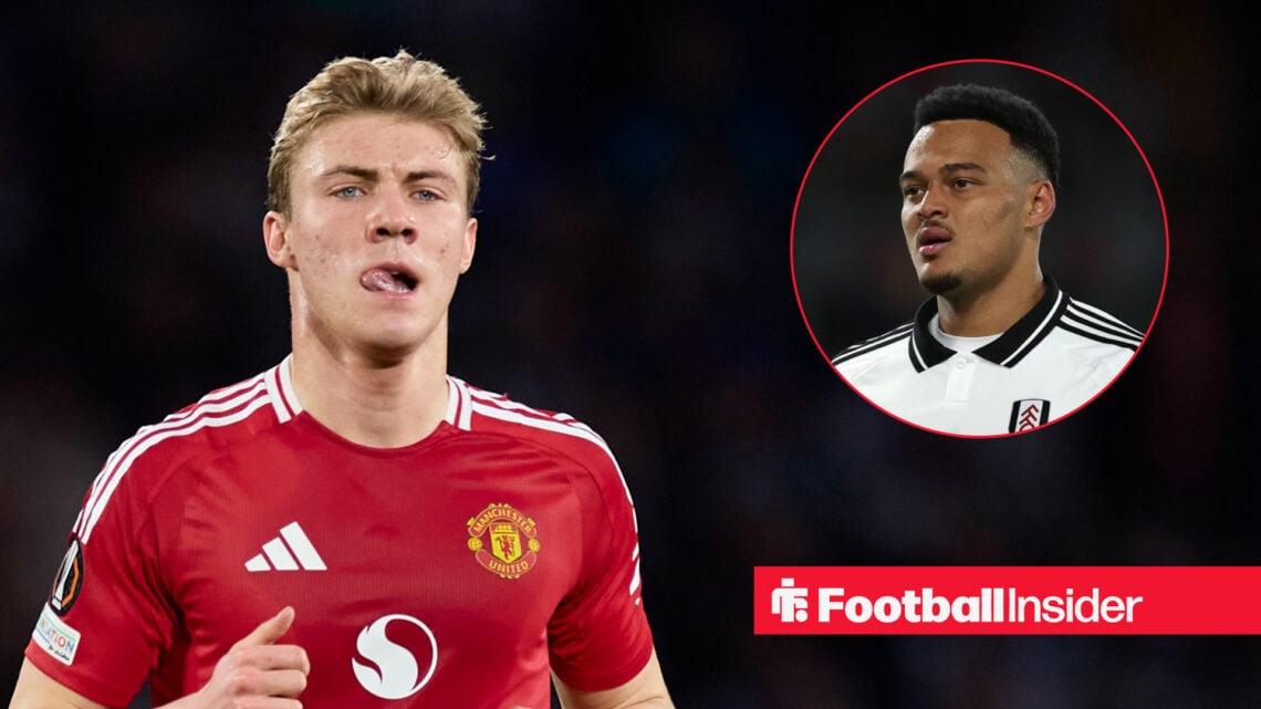 Manchester United striker Rasmus Hojlund during a Europa League match, next to an image of Fulham's Rodrigo Muniz