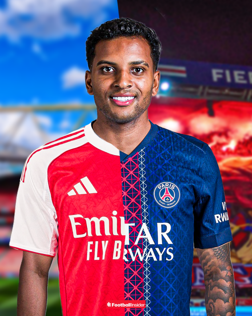 Rodrygo wearing red Arsenal shirt and blue PSG shirt with split down the middle with both the Emirates and Parc des Princes stadium in the background. He is smiling
