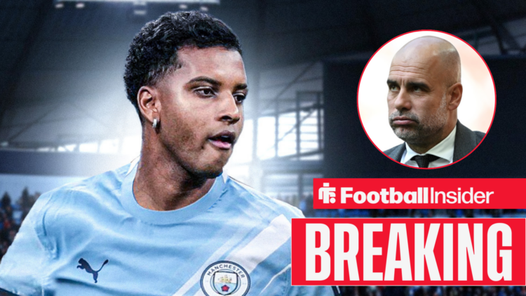 Rodrygo edited in a Man City kit at the Etihad, with Pep Guardiola in a circular inset