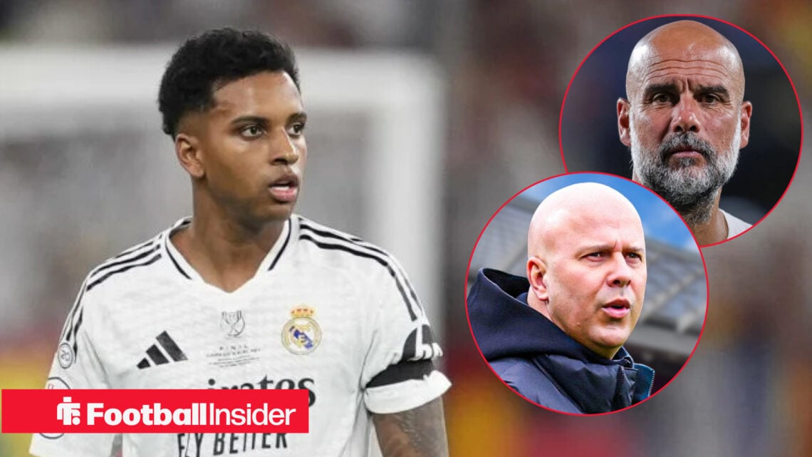 Rodrygo in Real Madrid shirt alongside Pep Guardiola and Arne Slot inset