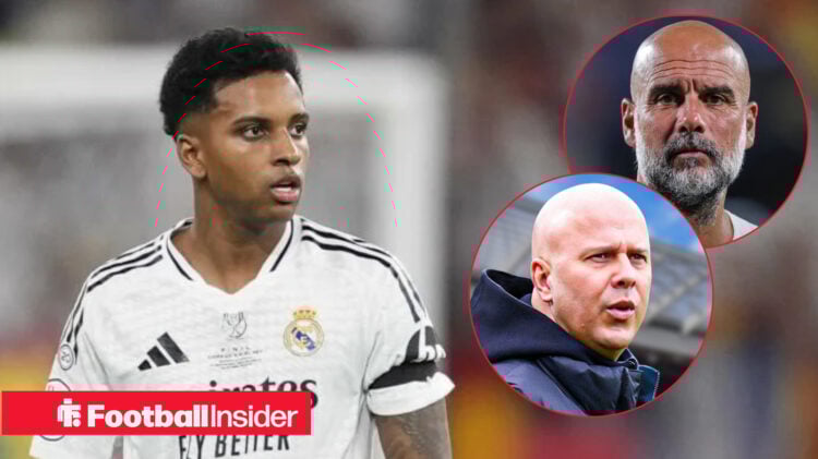 Rodrygo in Real Madrid shirt alongside Pep Guardiola and Arne Slot inset