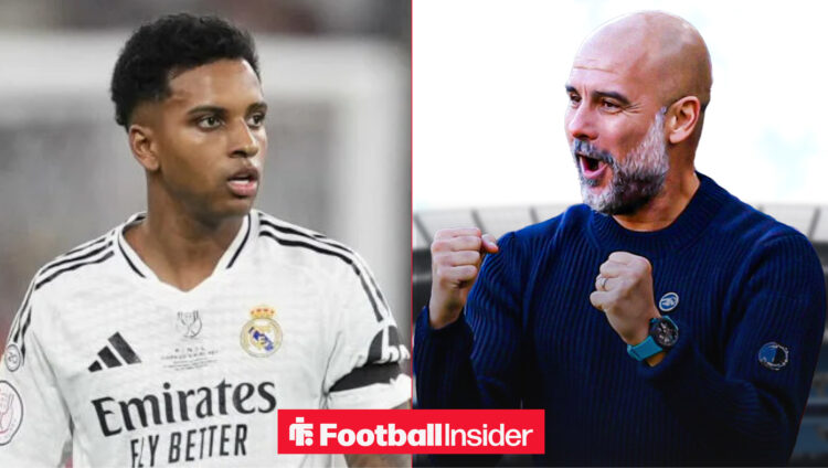 Real Madrid winger Rodrygo alongside a happy Pep Guardiola on the Etihad Stadium touchline