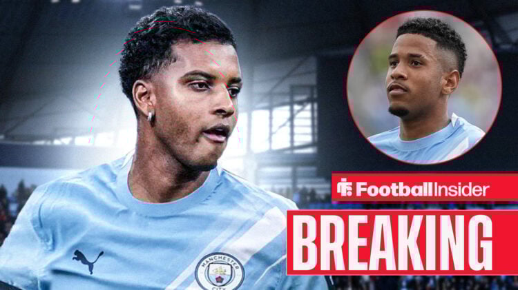 Real Madrid winger Rodrygo edited into Man City's home kit, with Savinho pictured in a circular inset