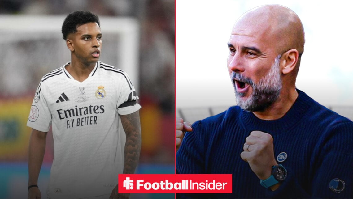 An image of Rodrygo in a Real Madrid shirt next to an image of Pep Guardiola celebrating