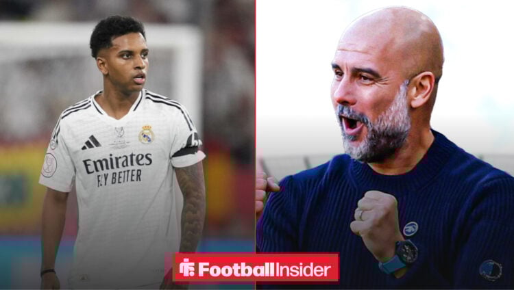 An image of Rodrygo in a Real Madrid shirt next to an image of Pep Guardiola celebrating