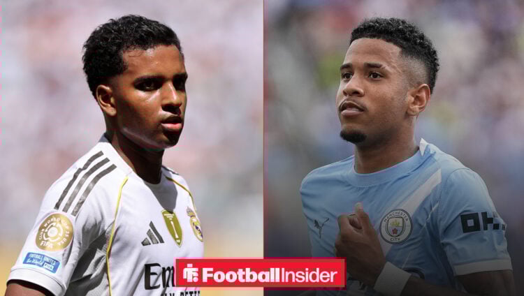 Rodrygo on the left in white Real Madrid shirt looking serious with Savinho on the right in a blue Man City shirt running with a hand in the air
