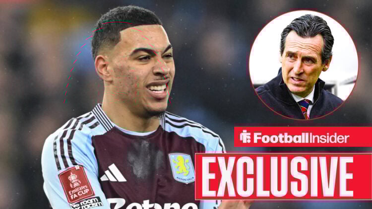 Morgan Rogers in an Aston Villa kit, Unai Emery in a circular inset