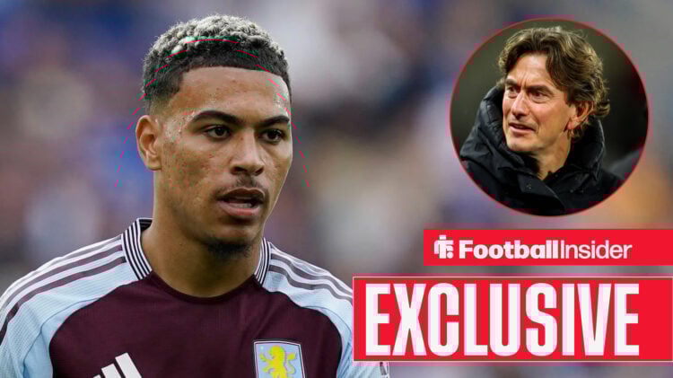 Morgan Rogers in an Aston Villa kit, Thomas Frank in a circular inset.