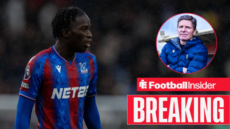 Romain Esse in a Crystal Palace kit, Oliver Glasner at Selhurst Park in a circular inset