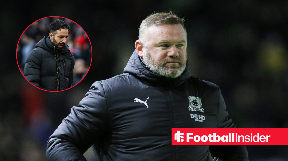 Wayne Rooney in a black coat and Ruben Amorim in a black coat in a circle