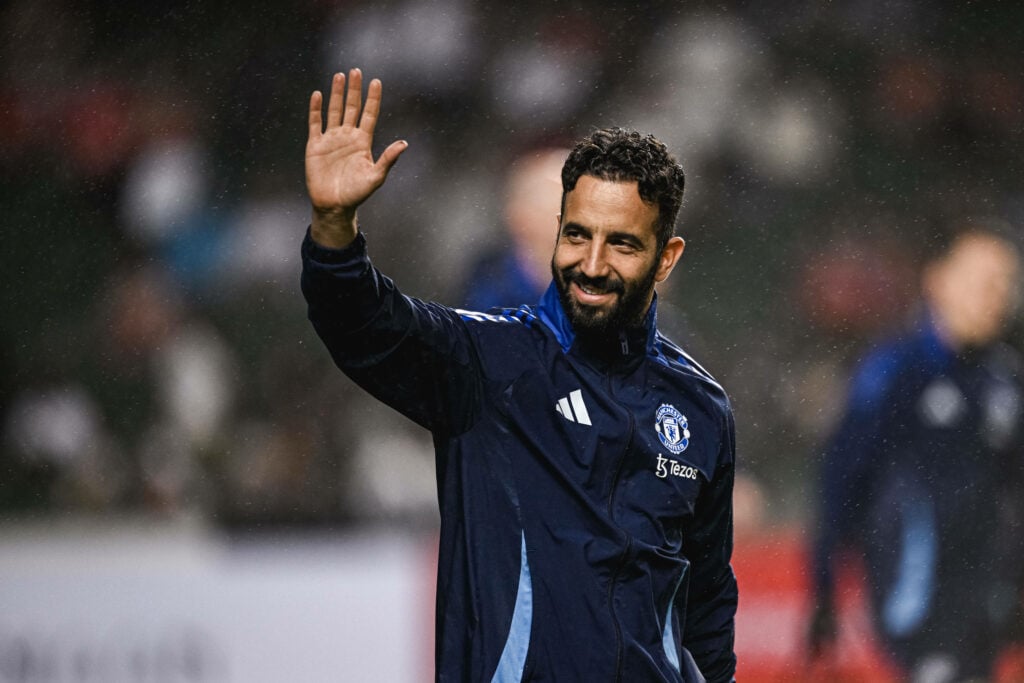Ruben Amorim of Manchester United pictured waving to supporters.