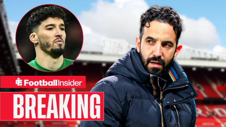 Ruben Amorim looking frustrated at Old Trafford, with Altay Bayindir pictured in a circular inset
