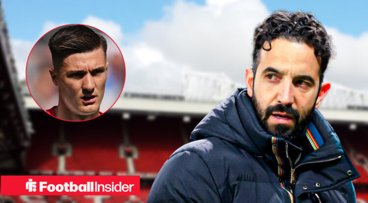 Ruben Amorim with Old Trafford in the back ground alongside Benjamin Sesko