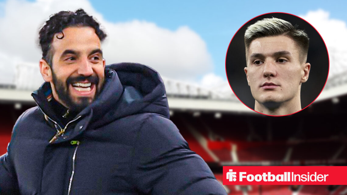 Man United manager Ruben Amorim with Old Trafford in the background alongside a head shot of RB Leipzig striker Benjamin Sesko.