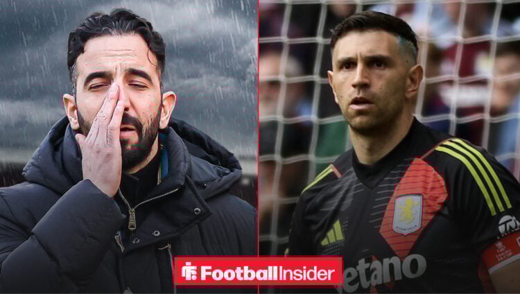 Man United boss Ruben Amorim stood in a storm next to Villa goalkeeper Emi Martinez