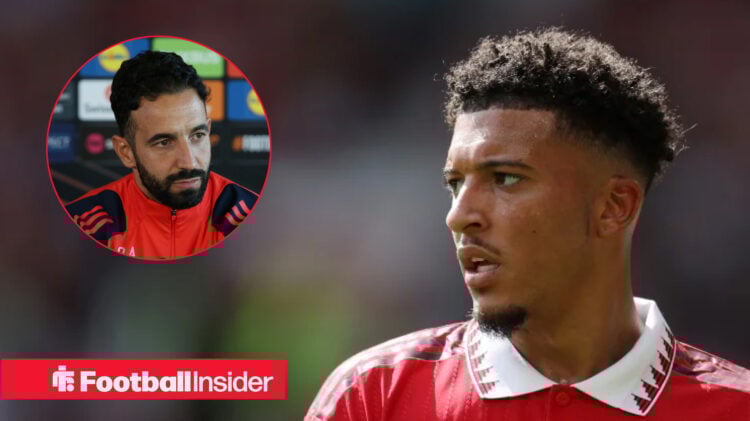 Jadon Sancho looks toward a headshot of Ruben Amorim