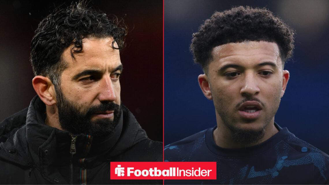 Ruben Amorim looking upset alongside Jadon Sancho in a Chelsea training jersey