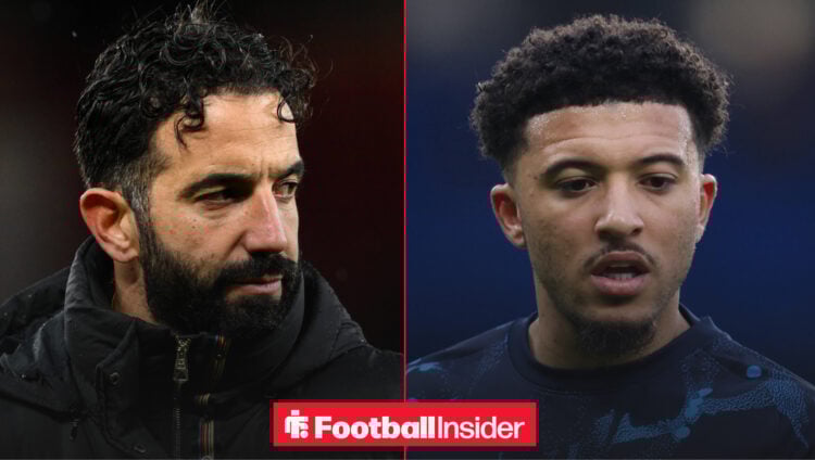 Ruben Amorim looking upset alongside Jadon Sancho in a Chelsea training jersey