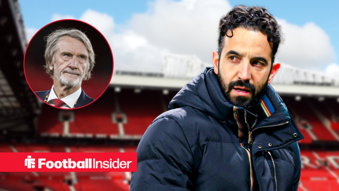 Man United boss Ruben Amorim looks sternly at owner Jim Ratcliffe left inset who is looking back at him in a suit