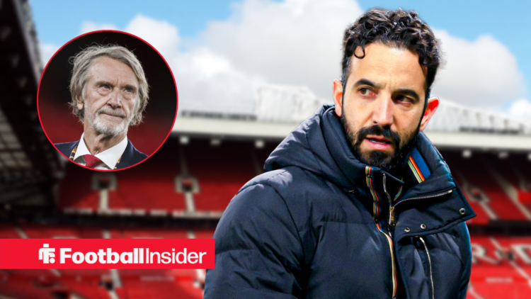 Man United boss Ruben Amorim looks sternly at owner Jim Ratcliffe left inset who is looking back at him in a suit