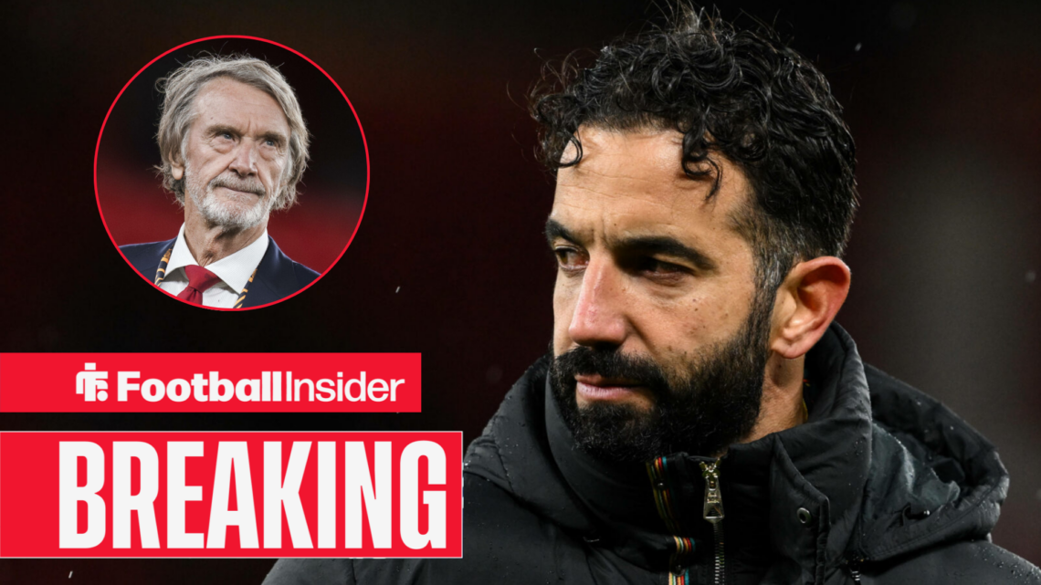 Ruben Amorim looking frustrated, with Sir Jim Ratcliffe pictured in a circular inset