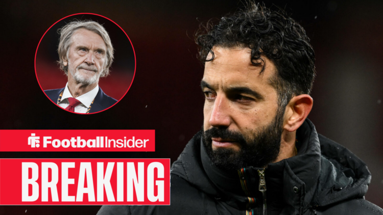 Ruben Amorim looking frustrated, with Sir Jim Ratcliffe pictured in a circular inset