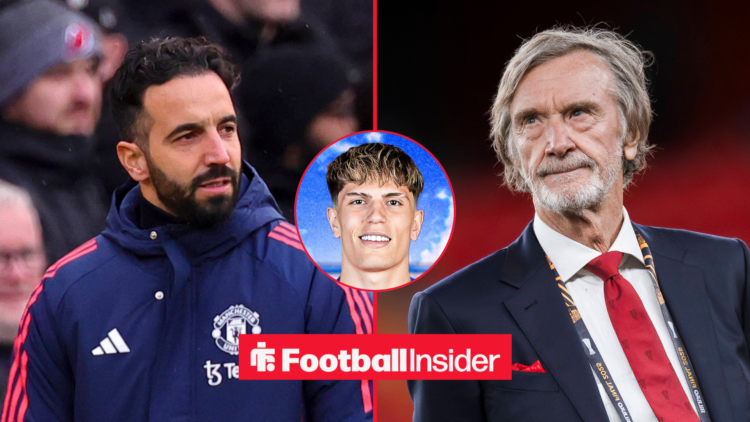 Ruben Amorim on the left looking serious with Jim Ratcliffe on the right looking serious and Alejandro Garnacho in the middle looking happy in Chel...