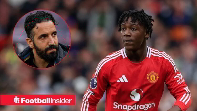 Kobbie Mainoo wears a red Man United shirt next to an image of Ruben Amorim in a circle