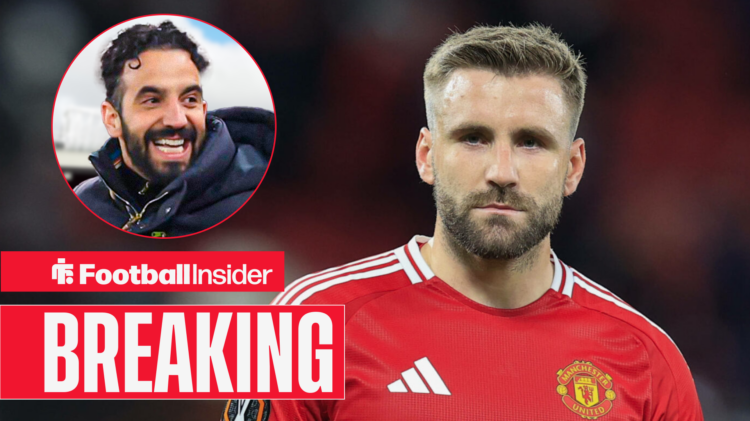 Luke Shaw in action for Man United while Ruben Amorim celebrates, pictured in a circular inset
