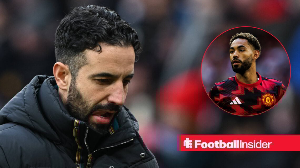 Man United manager Ruben Amorim looking downbeat, next to an image of Matheus Cunha warming up.