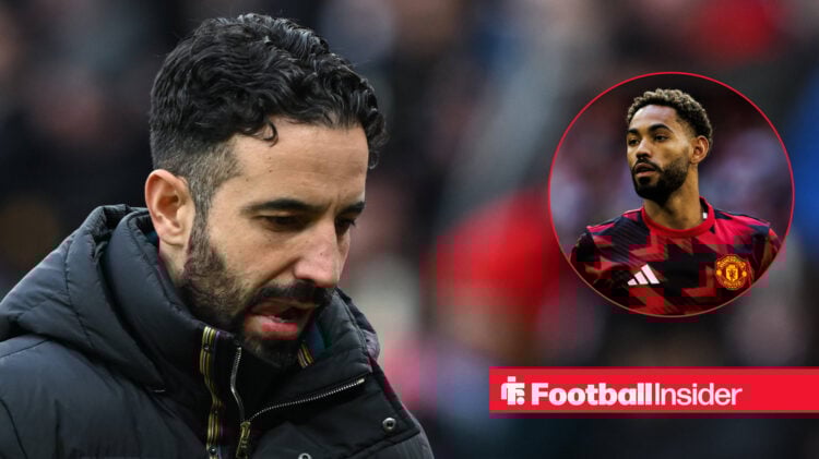 Man United manager Ruben Amorim looking downbeat, next to an image of Matheus Cunha warming up.