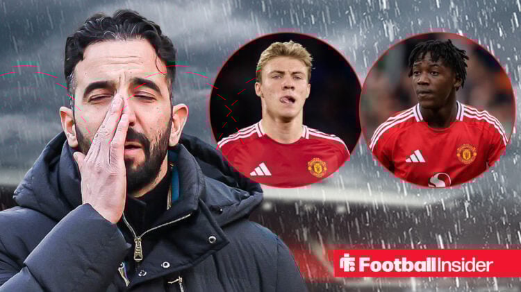 Rain pours on Man United boss Ruben Amorim alongside headshots of Rasmus Hojlund and Kobbie Mainoo