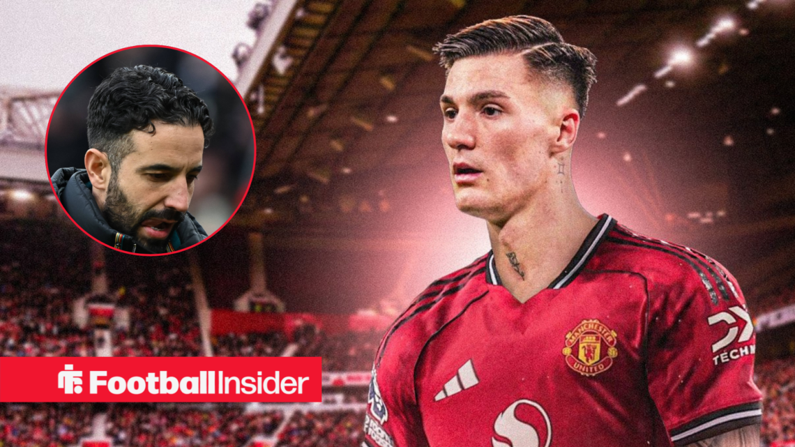 Ruben Amorim on the left looking down with disappointment with Benjamin Sesko on the right looking focused in front of Old Trafford
