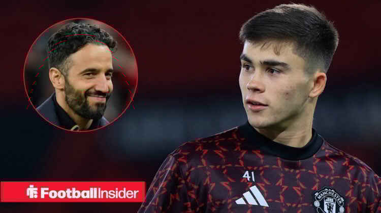 Ruben Amorim and Harry Amass with the teenager wearing a red and black tracksuit top