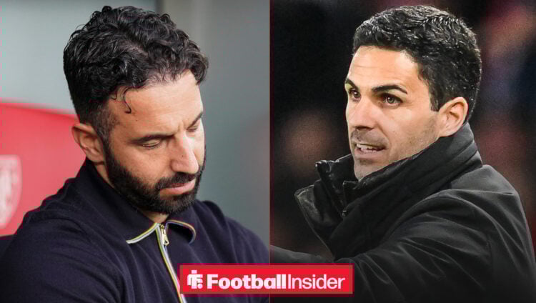 Ruben Amorim on the left looking like he is sleeping with Mikel Arteta on the right managing in game