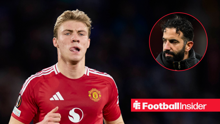 Rasmus Hojlund running on the left with his tongue sticking out and Ruben Amorim looking at him on the right with disdain