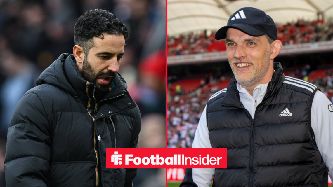 Ruben Amorim looking sad on the left with Thomas Tuchel looking happy on the right