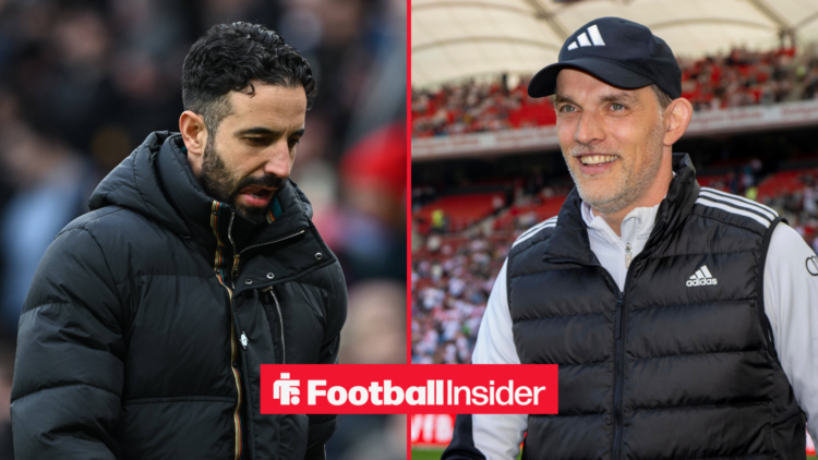 Ruben Amorim looking sad on the left with Thomas Tuchel looking happy on the right