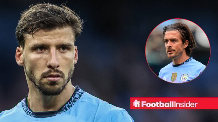 Ruben Dias of Manchester City in action, next to an image of teammate Jack Grealish.