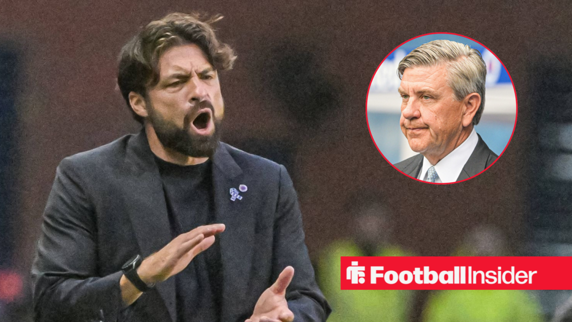 Rangers manager Russell Martin shouting and clapping on the touchline facing chairman Andrew Cavenagh in a suit who looks at him right inset