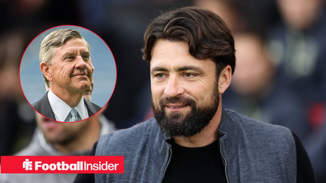 Russell Martin smiling on the Ibrox touchline with Andrew Cavenagh included in a circular inset