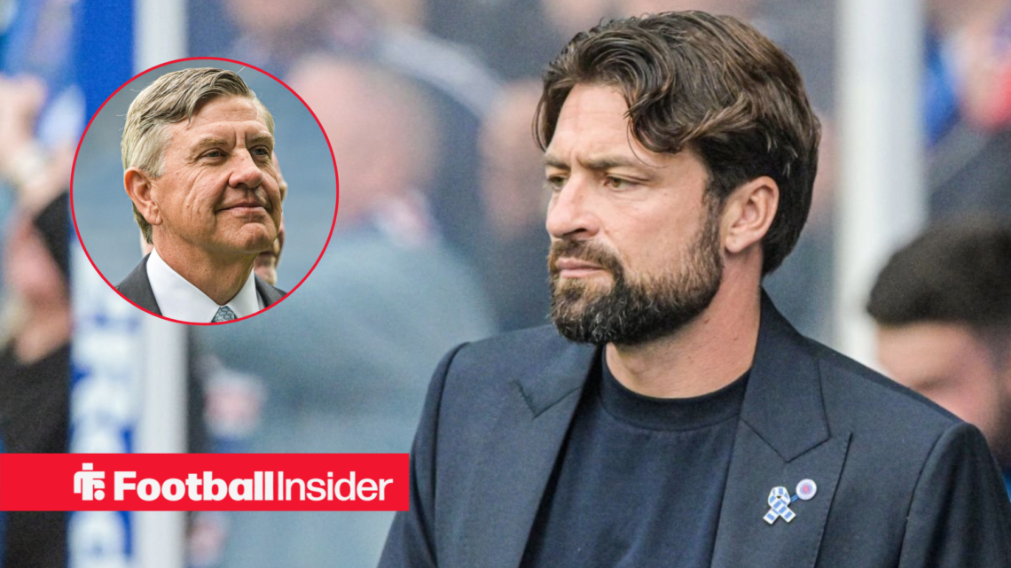 Rangers manager Russell Martin in the dugout looking left at owner Andrew Cavenagh who is smiling looking right, left inset