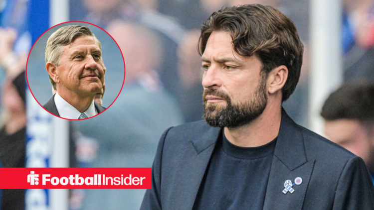 Rangers manager Russell Martin in the dugout looking left at owner Andrew Cavenagh who is smiling looking right, left inset