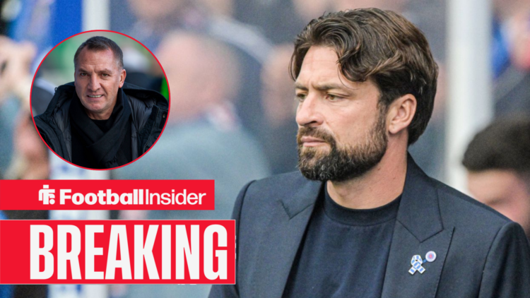 Russell Martin frowning at Ibrox, Brendan Rodgers grinning in a circular inset