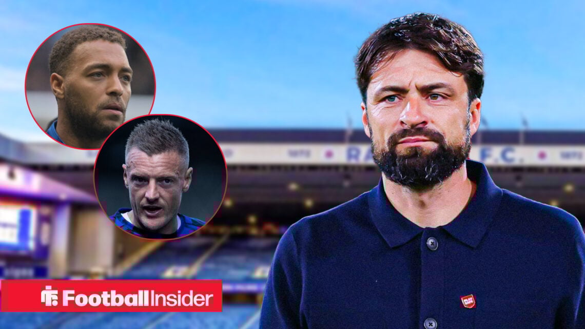 Rangers manager Russell Martin against a back drop of Ibrox alongside Jamie Vardy and Cyriel Dessers.
