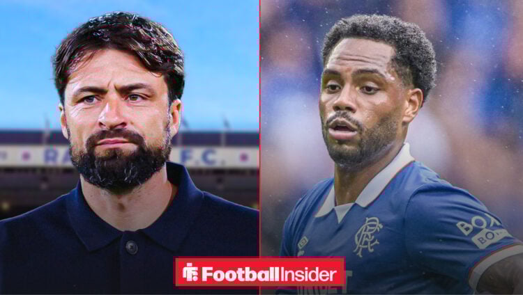 Russell Martin at Ibrox next to Danilo in a blue Rangers shirt