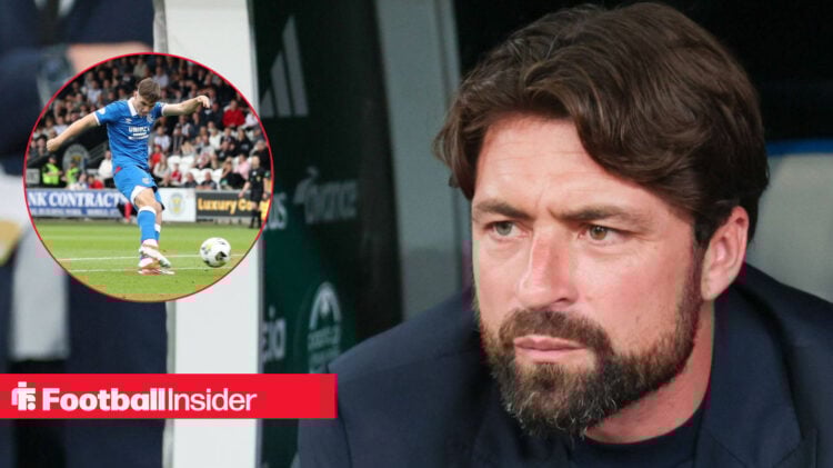 Russell Martin looking worried from the sidelines, next to an image of Findlay Curtis scoring for Rangers