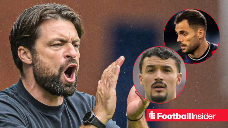 Rangers manager Russell Martin demanding more from his players alongside circular insets of Jefte and Nadim Bajrami