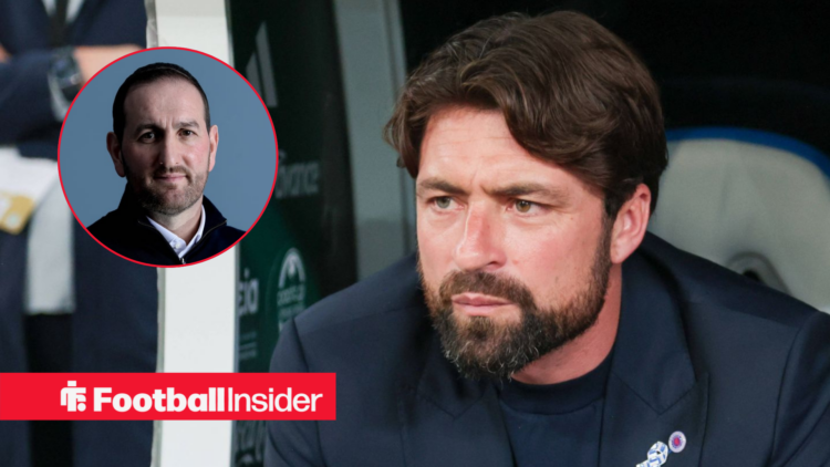 Rangers manager Russell Martin sitting in dugout looking left at sporting director Kevin Thelwell who is facing forward left inset